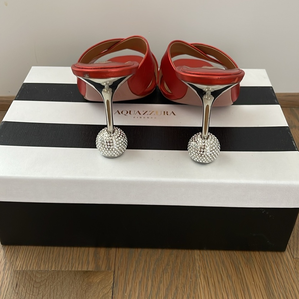 Aquazzura Red-Orange Satin Crystal Ball Heel Slide Sandals size 9.5 - Picture 5 of 7
